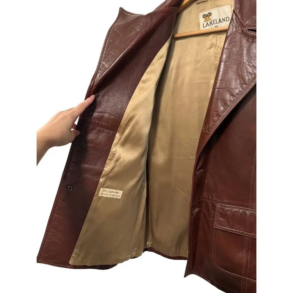 Huckberry Vintage M Wide Lapel Leather Jacket $499 70s Disco Coat Retro Brown 40